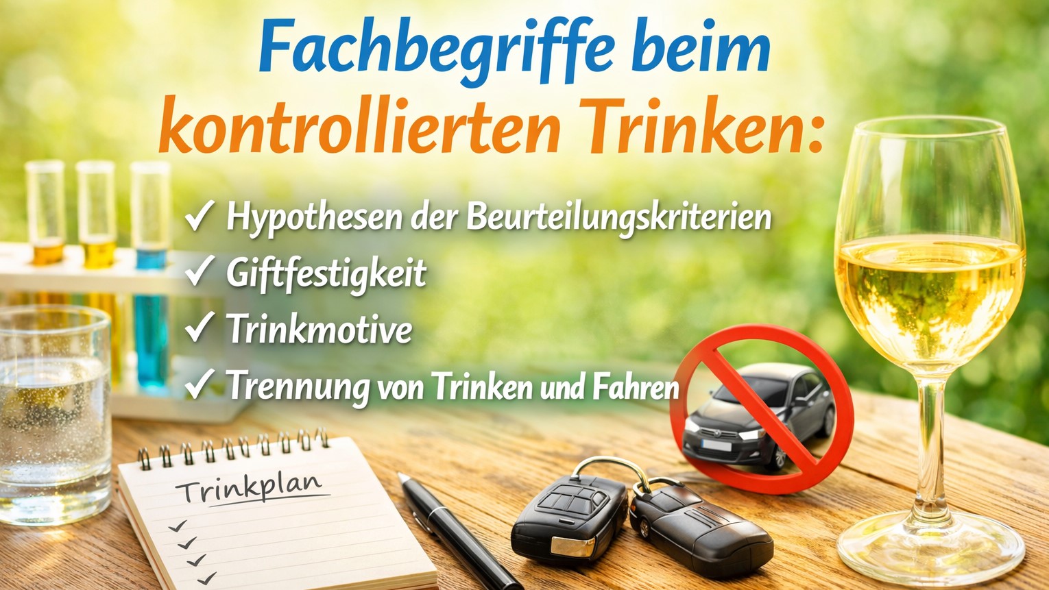 Fachbegriffe beim kontrollierten Trinken: Nutze Begriffe wie Hypothesen der Beurteilungskriterien, Giftfestigkeit, Trinkmotive und Trennung von Trinken und Fahren.