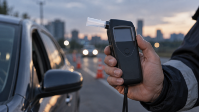 Alkoholtester bei einer Verkehrskontrolle neben einem Auto [Bildinhalt mit KI erstellt]