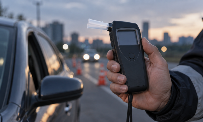 Alkoholtester bei einer Verkehrskontrolle neben einem Auto [Bildinhalt mit KI erstellt]
